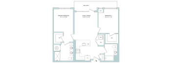 A floor plan of a house with a balcony, two bedrooms, a living area, a dining area, a kitchen, a bathroom, and a laundry room.