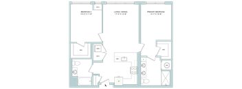 A floor plan of a house with three bedrooms and a living/dining area.