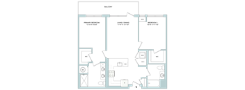 A floor plan of a house with a balcony, two bedrooms, a living/dining area, and a kitchen.