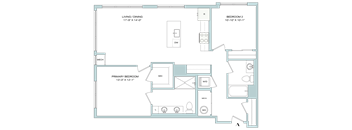 A floor plan of a house with a living/dining area, two bedrooms, and a kitchen.