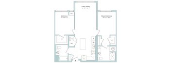 A floor plan of a house with a living and dining area, two bedrooms, and a kitchen.