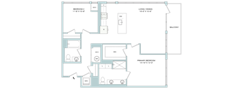 A floor plan of a house with three bedrooms and a balcony.