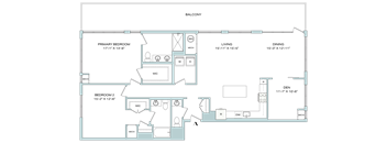 A floor plan of a house with a balcony, two bedrooms, a living room, a dining room, and a den.