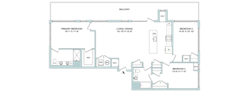 A floor plan of a house with a balcony and three bedrooms.