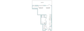 A floor plan of a bachelor apartment with a living area, a bedroom, a bathroom, and a kitchen.