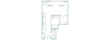 A floor plan of a small apartment with a living/dining area and a sleep alcove.