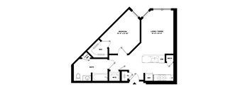 A black and white floor plan of a home with a bedroom, living/dining area, bathroom, kitchen, and laundry room.