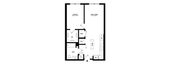 A floor plan of a small apartment with a bedroom, living/dining area, bathroom, and kitchen.