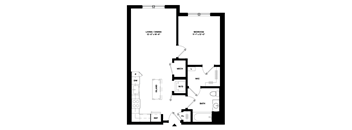 A black and white image of a floor plan for a home with a living/dining area, bedroom, bathroom, kitchen, and laundry room.