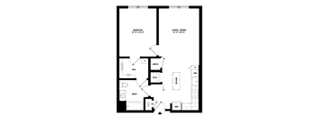 A black and white image of a floor plan for a bedroom, living/dining area, kitchen, bathroom, and laundry room.