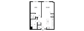 A black and white image of a floor plan for a bedroom, living/dining area, and kitchen.