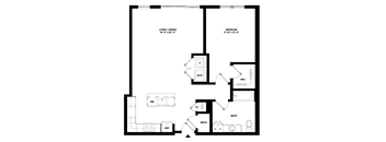 A floor plan of a small apartment with a living and dining area, a bedroom, a bathroom, a kitchen, a laundry room, a study, a pantry, a utility room, and a mech.