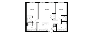A black and white floor plan of a house with two bedrooms, a living room, a bathroom, a kitchen, a dining room, a laundry room, a pantry, a garage, and a mech.