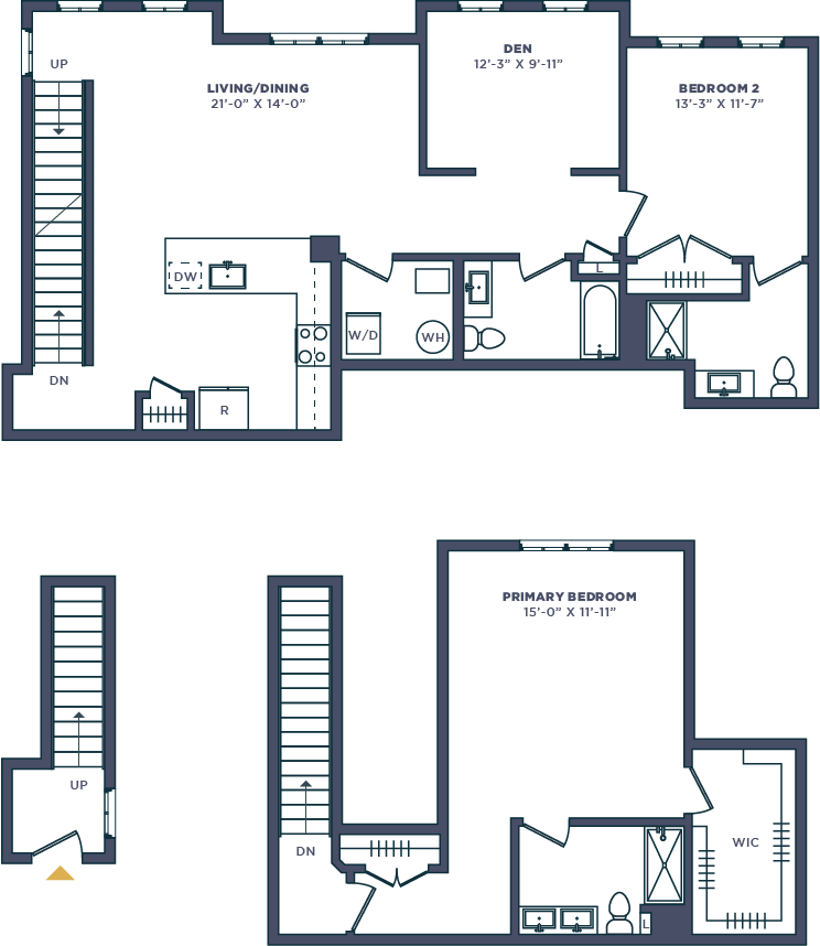 A floor plan of a house with a living room, dining room, kitchen, and two bedrooms.