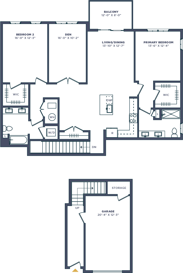 A floor plan of a house with two bedrooms, a living room, a kitchen, and a bathroom.