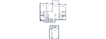 A floor plan of a house with two bedrooms, a living room, a kitchen, and a bathroom.