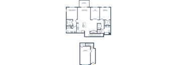 A floor plan of a building with multiple rooms and labeled areas.