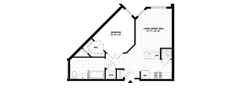 A black and white image of a house floor plan with a living and dining area, bedroom, and bathroom.