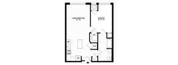 A black and white image of a floor plan for a bedroom and living/dining area.