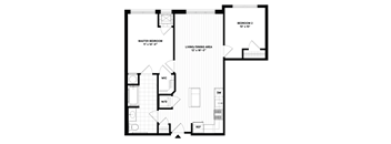 A black and white floor plan of a house with a master bedroom, living/dining area, and two other bedrooms.
