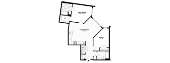 A black and white image of a house floor plan with a master bedroom, living/dining area, and two other bedrooms.