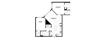 A black and white image of a house floor plan with a master bedroom, living/dining area, and two other bedrooms.