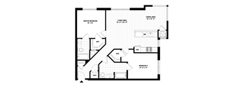 A black and white image of a house floor plan with a master bedroom, living area, dining area, and two bedrooms.
