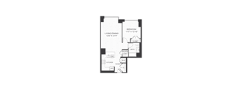 A black and white image of a floor plan for a home with a living/dining area, kitchen, bathroom, and bedroom.