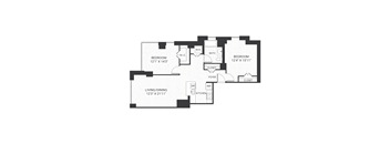A black and white image of a floor plan for a house with two bedrooms, a living/dining area, a bathroom, a kitchen, a foyer, and a closet.