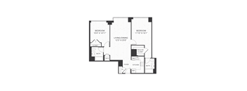A black and white image of a floor plan for a two bedroom apartment.