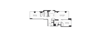 A black and white image of a floor plan for a two bedroom apartment.