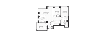 A black and white floor plan of a house with a living/dining area, kitchen, and four bedrooms.