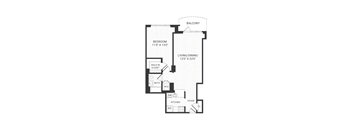 A black and white image of a floor plan for a home with a balcony, bedroom, living/dining area, bathroom, walk-in closet, kitchen, and foyer.