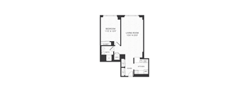 A black and white image of a floor plan for a bedroom, living room, bathroom, kitchen, and foyer.