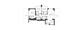 A black and white image of a floor plan for a house with two bedrooms, a living area, a kitchen, a bathroom, a walk-in closet, and a foyer.
