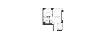 A floor plan of a house with a bedroom, living/dining area, bathroom, kitchen, and foyer.