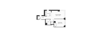 A floor plan of a living/dining room, kitchen, bathroom, and bedroom.