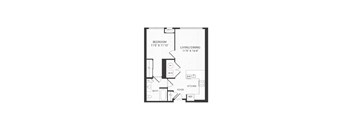A floor plan of a small apartment with a bedroom, living/dining area, kitchen, bathroom, and a foyer.