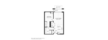 A floor plan of an apartment with a bedroom, living/dining area, kitchen, bathroom, and foyer.