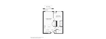 A floor plan of an apartment with a living area, kitchen, bedroom, and bathroom.