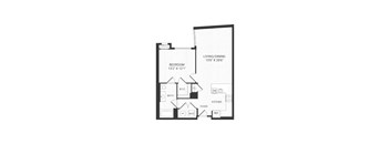 A floor plan of a small apartment with a bedroom, living/dining area, kitchen, and bathroom.
