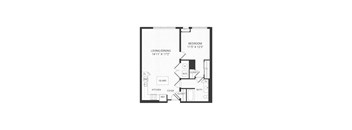 A floor plan of a home with a living/dining area, kitchen, bathroom, and bedroom.