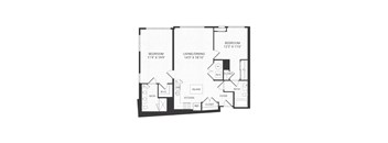 A black and white image of a house floor plan with two bedrooms, a living/dining area, kitchen, bathroom, and foyer.