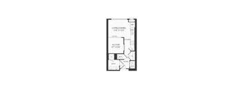 A floor plan of a small apartment with a living room, kitchen, bathroom and foyer.