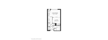 A floor plan of a living and dining area with a kitchen, foyer, and bathroom.