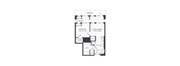 A floor plan of a house with a bedroom, living/dining area, kitchen, and bathroom.