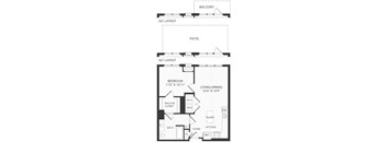 A floor plan of a house with a balcony, patio, and a living/dining area.