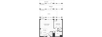 A floor plan of a house with a living area, kitchen, bathroom, and bedroom.
