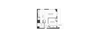 A floor plan of a small apartment with a living/dining area and a bedroom.