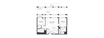A black and white floor plan of a house with a balcony, terrace, and three bedrooms.